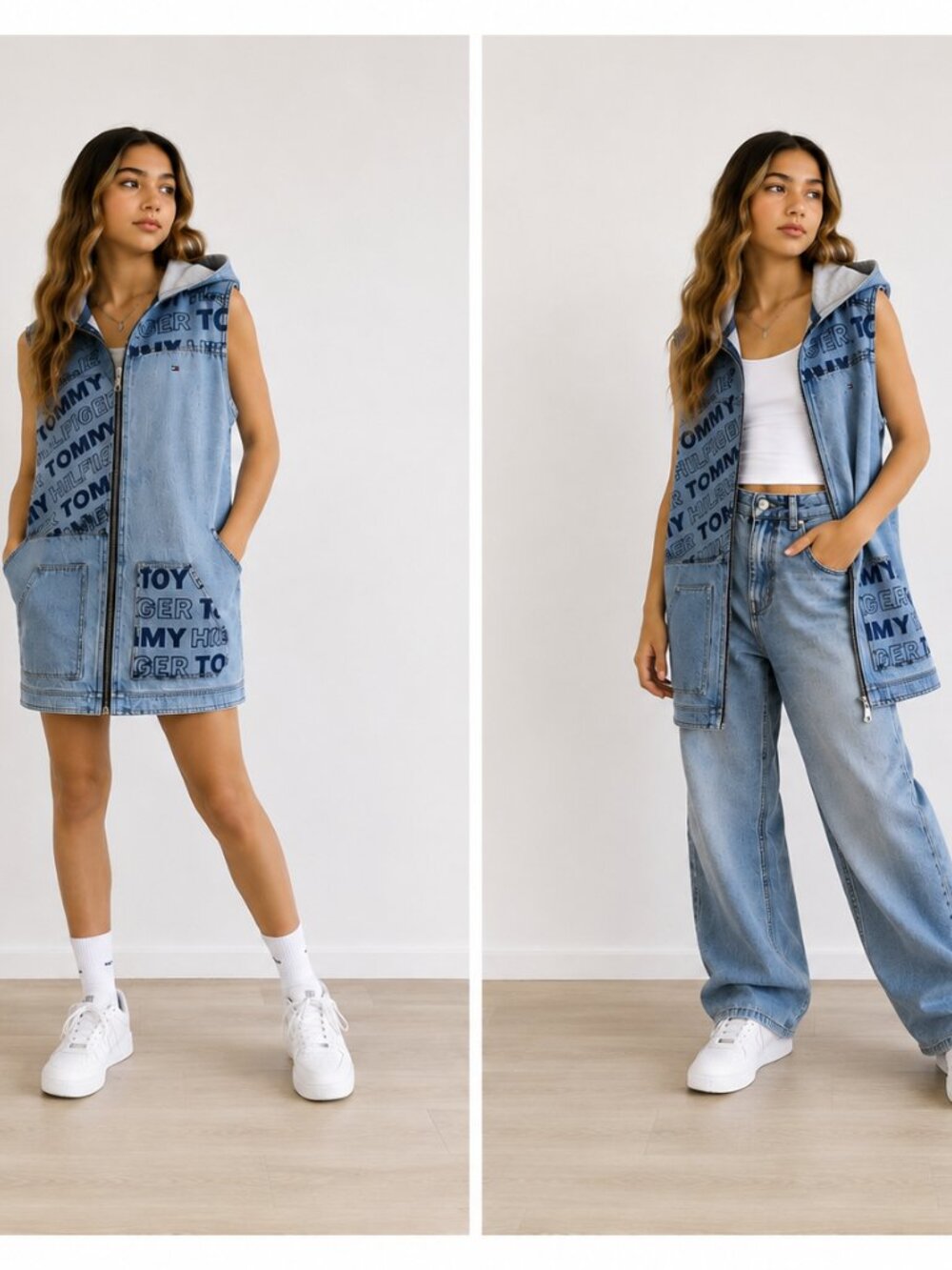 Tommy Hilfiger Girls Size 16 Hooded Denim Vest Logo Print Y2K
